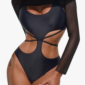 NEW Black Cutout One Piece Monokini Swimsuit with Sheer Sleeves